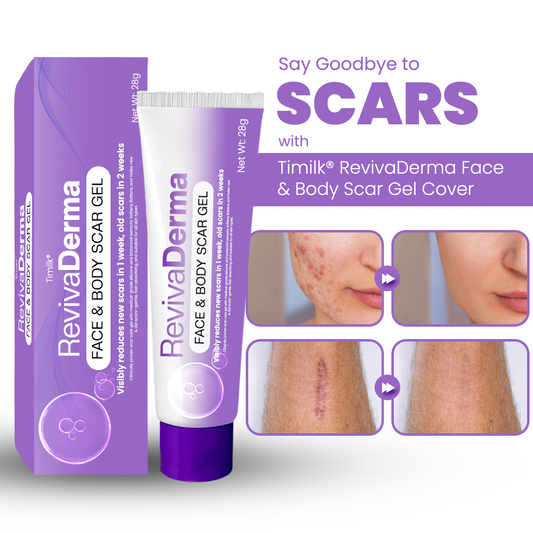 Timilk® RevivaDerma Face & Body Scar Gel - Clinically proven to soften, flatten and fade surgical scars, acne marks, burns, keloids and trauma-related scars